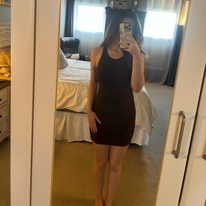 Aritzia Tna ruched brown body con mini dress